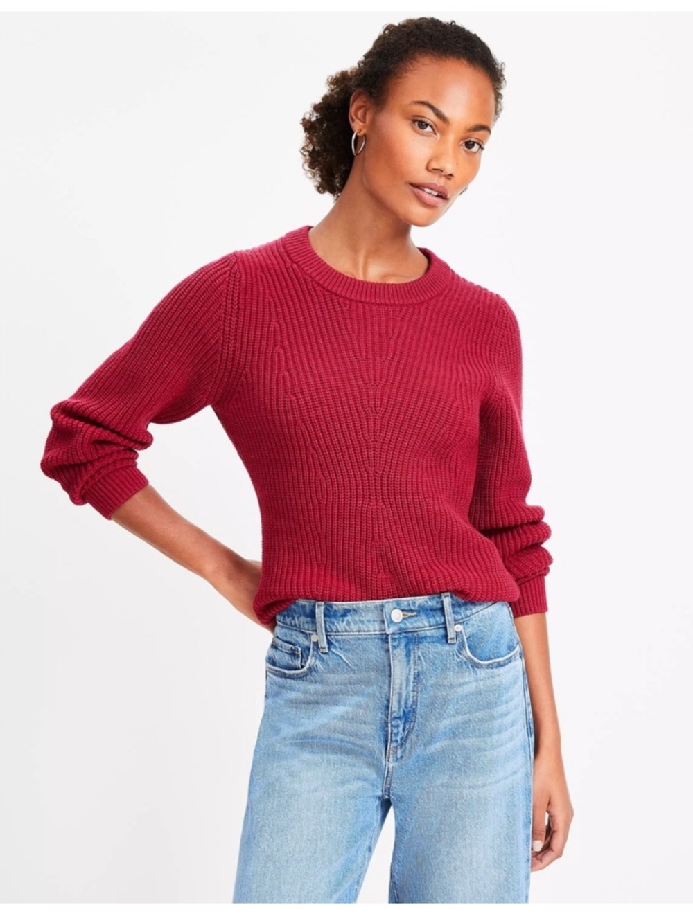 LOFT Ribbed Blouson Sleeve Sweater - Sweet Red